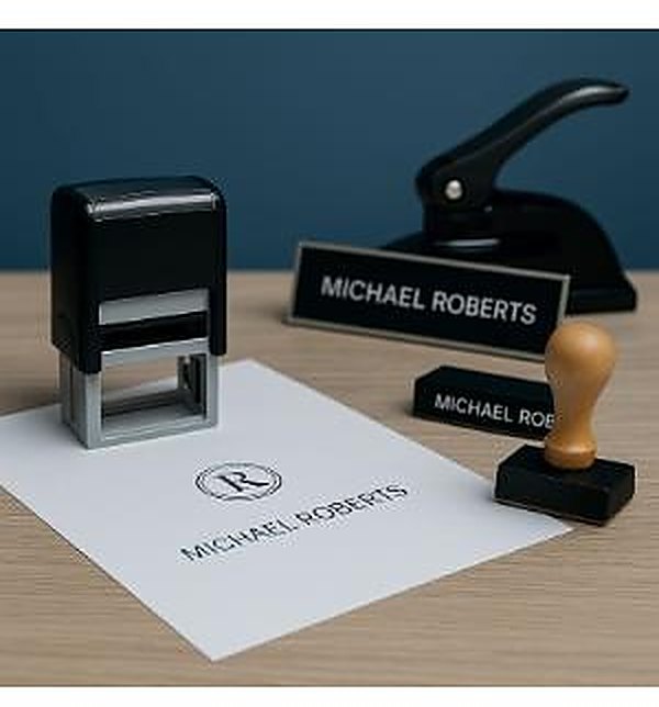 A black self-inking stamp, a hand embosser, engraved name plates and a wood handle stamp beside a freshly stamped impression on white paper